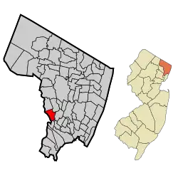 Location of Garfield in Bergen County highlighted in red (left). Inset map: Location of Bergen County in New Jersey highlighted in orange (right).