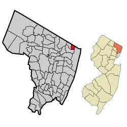 Location of Rockleigh in Bergen County highlighted in red (left). Inset map: Location of Bergen County in New Jersey highlighted in orange (right).