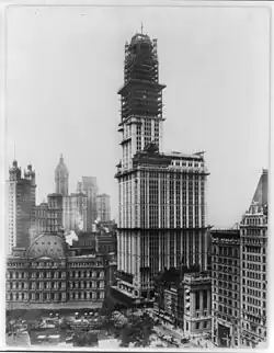 Photographs of steel girders as the Woolworth Building is built
