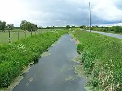 A slow-moving narrow beck with a road on the right-hand side