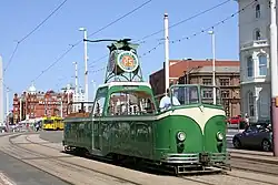 Open-boat tram No. 605 in Blackpool in May 2009