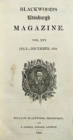 Black letters on white paper and the bust of an older bearded white man in a dark coat surrounded by thistles