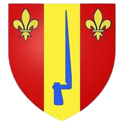Coat of arms of the Tenaille de Vaulabelle family: Of "Gules with golden pal, accosted with two fleurs-de-lis of the same and loaded with an azure bayonet"