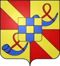 Heraldic shield of the house of Chalon of Orange. The 1st and 4th quarters show the arms of Chalon-Arlay (Gules a bend Or), the 2nd and 3rd the princes of Orange (the bugle). The blue and gold cross is the arms of Jeanne of Geneva, who married one of the Chalon princes.[5]
