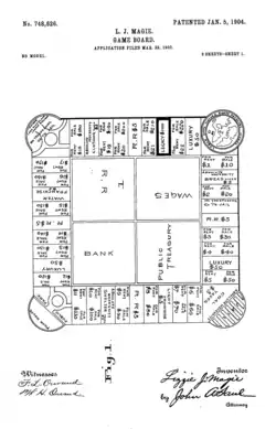 Patent named "Drawing for a Game Board" for Lizzie Magie's 1904 The Landlord's Game which was a predecessor of Monopoly
