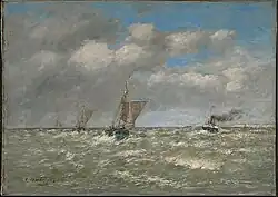 Boats Returning to Port, Trouville (1894), oil on canvas, marouflaged to aluminum, 25 7/8 x 36 5/16 in. (65.7 x 92.2 cm) Frame: 33 1/4 x 43 3/4 x 2 3/4 in. (84.5 x 111.1 x 7 cm), Clark Art Institute