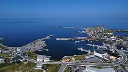 An aerial photograph of the Bonavista Harbour