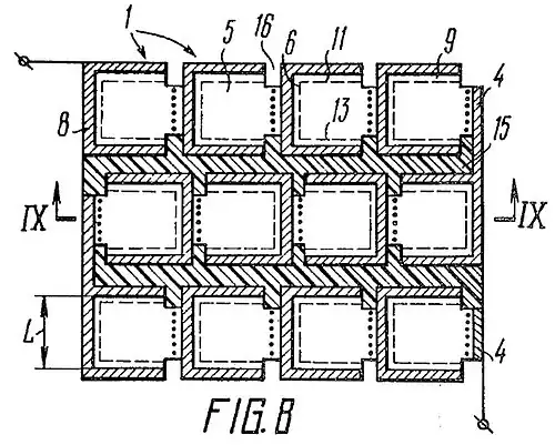 Drawing in Bordina's 1976 patent. Millimetric parallelipedic bifacial solar cells connected in series. In each mini-cell bulk material is p-type. Dashed lines are pn junctions and dotted lines isotype pp+. Diagonally striped lines left to right are metal electrodes and diagonally striped lines right to left is an insulator filler. 100 cells/cm2.