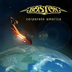 A guitar-shaped spaceship floating in Earth's orbit with the band's logo above in gold