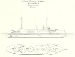 Line drawing for this type of ship; the vessel had three large gun turrets on the centerline and two thin smoke stacks.