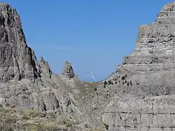 First col between Breccia Peak (left) and Buffalo Fork Peak, Mount Moran in background.
