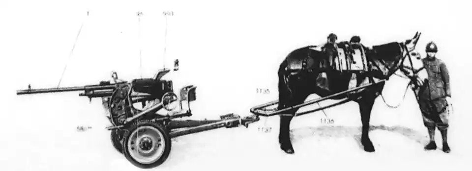 Breda 20/65 mod 35 on its two-wheeled trailer drawn by a mule