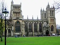 Bristol Cathedral. The stained glass window in question is the large one on the left of the picture