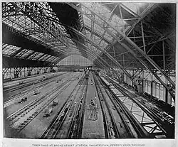 Broad Street Station trainshed, Philadelphia, PA (1892–94, burned 1923). This had the largest single span, 306&nbsp;ft. (91 m.), of any trainshed in the world.