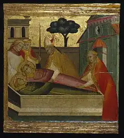 Lorenzo di Niccolò, Saint Lawrence Buried in Saint Stephen's Tomb, 1410–1414, tempera and tooled gold on poplar, 33 × 36 cm