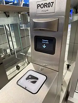 Card reader built into an fare gate at Brossard station on the REM.