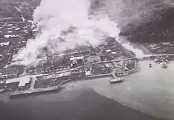 Brunei Town and Kianggeh River seen during Allied bombings in 1945