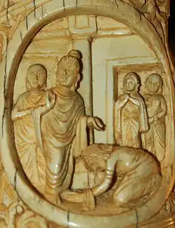 Buddha blesses Rāhula: On the advice of Yashodhara, Rāhula asked Buddha for his "inheritance". The Buddha called the venerable Sariputta and asked him to ordain Rāhula who became the first Sāmanera (novice monk). After Rāhula's ordination the Buddha taught him the importance of telling the truth. Buddha placed truth as the highest of all virtues. Rāhula subsequently became an arahant.