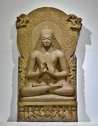 Seated Buddha; c. 475; sandstone; height: 1.6 m; Sarnath Museum[92]