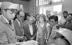 Honecker touring a technical-skills polytechnic (Polytechnisches Zentrum) at Rothenschirmbach with North Korea's Education Minister in 1988.