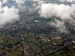 Hampton from the air, showing the Waterworks and reservoirs adjacent to the River Thames in top left of picture.
