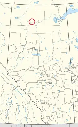 A map of the province of Alberta showing 80 counties and 145 small Indian reserves. One is highlighted with a red circle.
