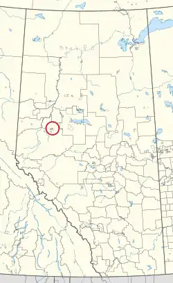 A map of the province of Alberta showing 80 counties and 145 small Indian reserves. One is highlighted with a red circle.