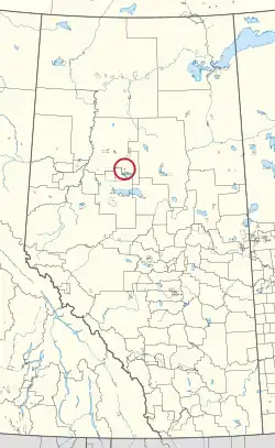 A map of the province of Alberta showing 80 counties and 145 small Indian reserves. One is highlighted with a red circle.