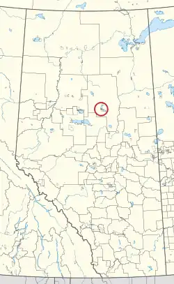 A map of the province of Alberta showing 80 counties and 145 small Indian reserves. One is highlighted with a red circle.