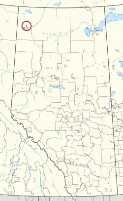 A map of the province of Alberta showing 80 counties and 145 small Indian reserves. One is highlighted with a red circle.