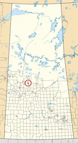 A map of the province of Saskatchewan showing 297 rural municipalities and hundreds of small Indian reserves. One is highlighted with a red circle.