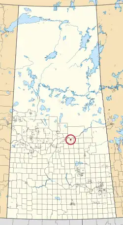 A map of the province of Saskatchewan showing 297 rural municipalities and hundreds of small Indian reserves. One is highlighted with a red circle.