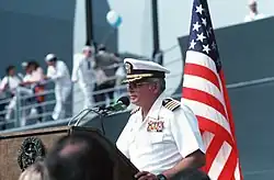 Captain William C. Rogers III speaking to a crowd