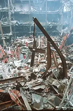 Interior of 6 WTC showing debris from the North Tower in the open area, including a piece that became the World Trade Center cross.