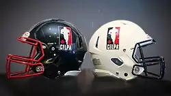 A pair of black and white football helmets for the Canadian Football League Players’ Association back-to-back