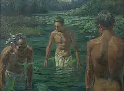 Painting of 3 Javanese men in a pond