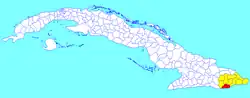 Caimanera municipality (red) within Guantánamo Province (yellow) and Cuba