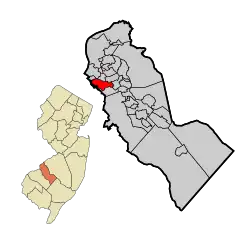 Location of Bellmawr in Camden County highlighted in red (right). Inset map: Location of Camden County in New Jersey highlighted in orange (left).