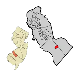 Location of Chesilhurst in Camden County highlighted in red (right). Inset map: Location of Camden County in New Jersey highlighted in orange (left).