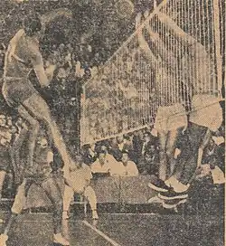 A black and white image of Horațiu Nicolau participating in the 1955 European championship of Volleyball