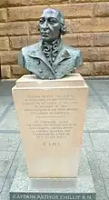 Bronze bust of Arthur Phillip, first Governor of NSW, by Jean Hill, outside the Museum of Sydney