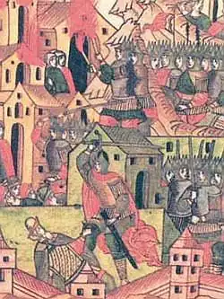 The Mongol army captures a city, miniature from the Illustrated Chronicle of Ivan the Terrible