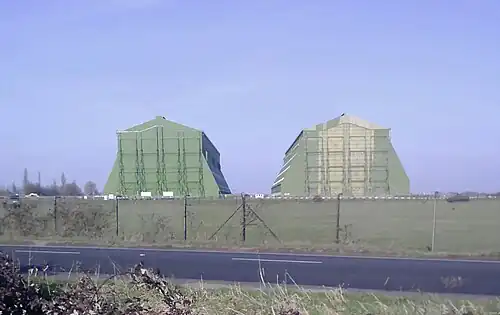 Cardington airship sheds, former Short Brothers works housing R100 and R101 airships. Shed no.1 (left) now holds the new aircraft Airlander 10. Shed no.2 (right) is used for creating films that require a large open-space area