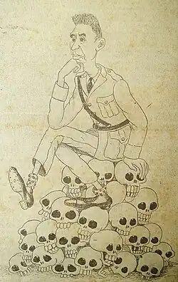 A caricature of Maximiliano Hernández Martínez sitting a pile skulls