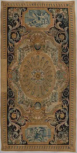 Carpet with fame and fortitude; by the Savonnerie manufactory; 1668–1685; knotted and cut wool pile, woven with about 90 knots per square inch; 909.3 x 459.7 cm; Metropolitan Museum of Art