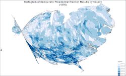Cartogram of Democratic presidential election results by county