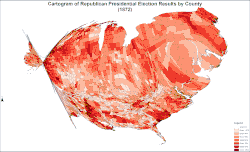 Cartogram of Republican presidential election results by county