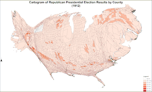 Cartogram shaded according to percentage of the vote for Taft