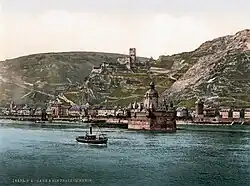 Pfalzgrafenstein Castle with Kaub and Gutenfels Castle in the background, as depicted in mechanical print, around 1900