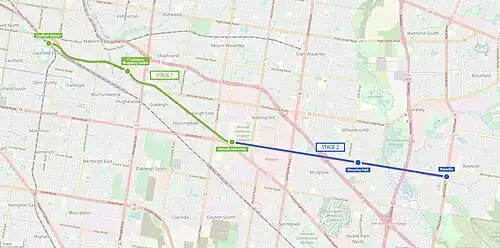 Map showing the 2018 State Government proposal for a new tram line from Caulfield railway station to Chadstone, Monash University, Waverley Park and Rowville